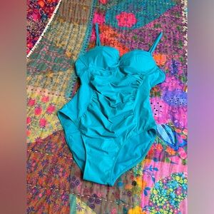 Spanx Love Your Assets Turquoise Blue One Piece Swimsuit Size L Summer Beach